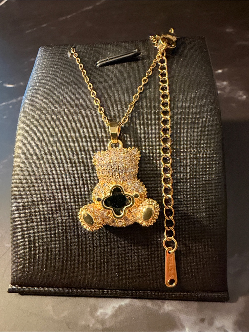 Gold Plated On Stainless Steel Teddy Pendant Necklace with Green Accent